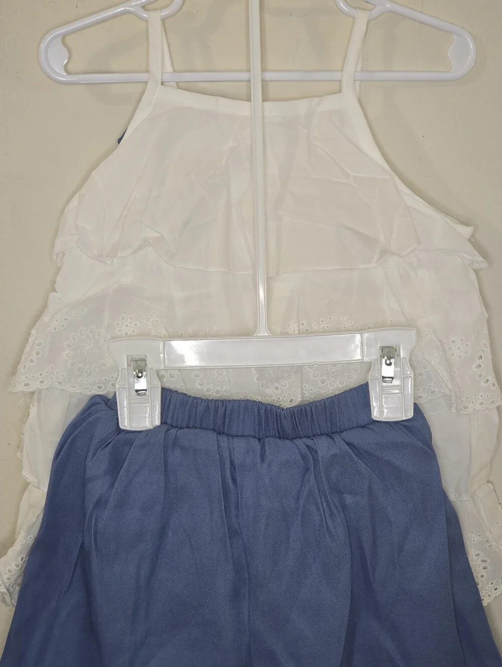 Girls White Eyelet Ruffle Tank & Blue Shorts Set Size 120 Summer Outfit Bow